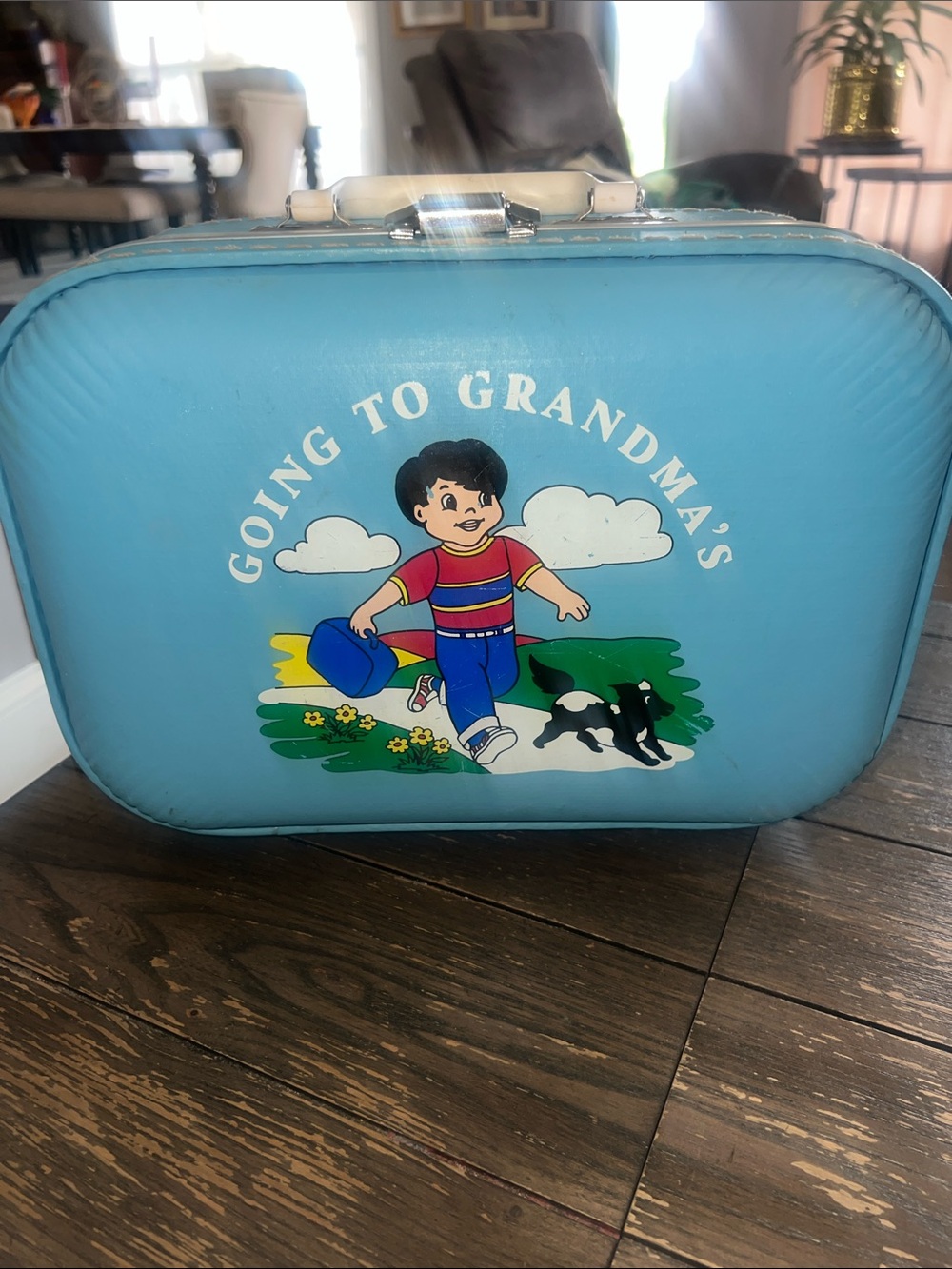 Mid Century Going to Grandma's Kids Blue suitcase